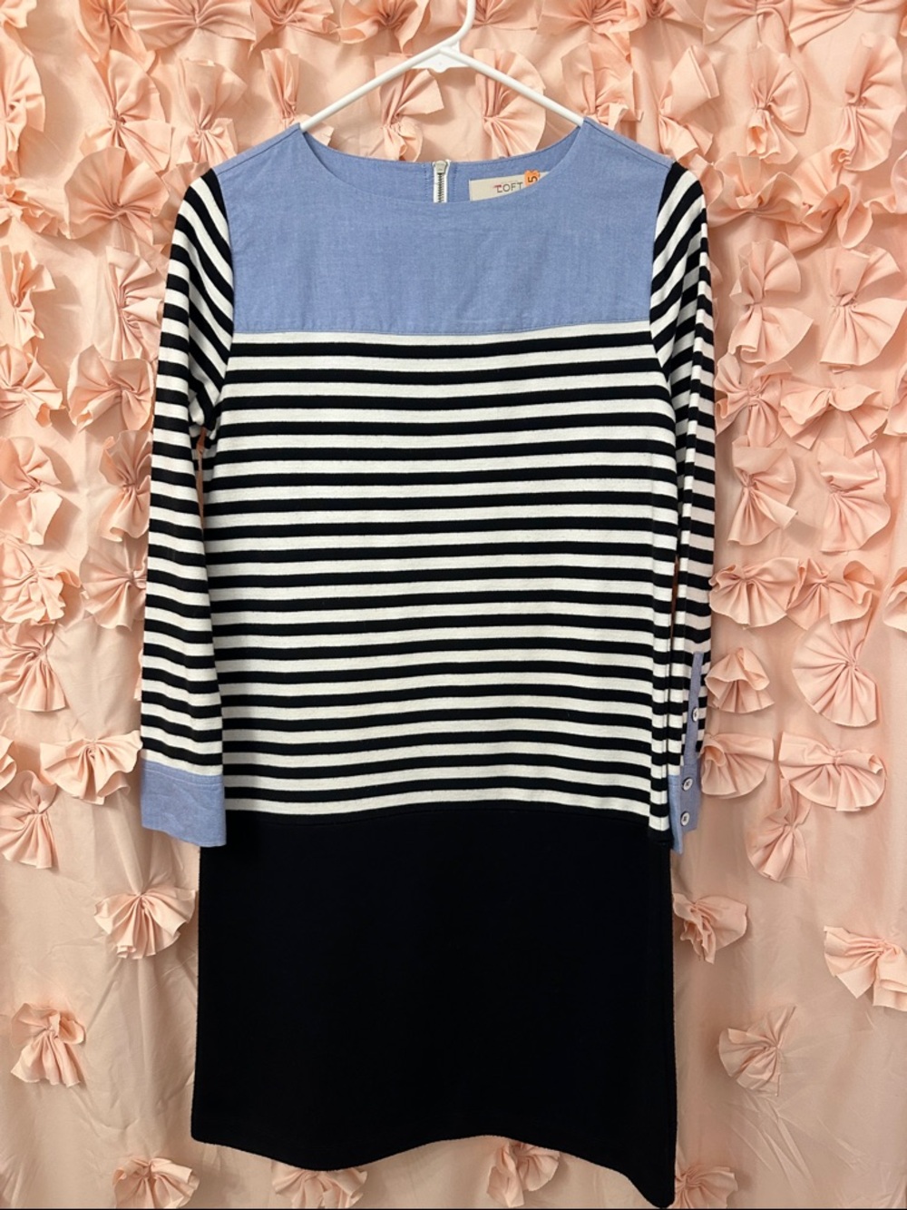 LOFT Striped Long-Sleeve Shift Dress in Light Blue, Black, White